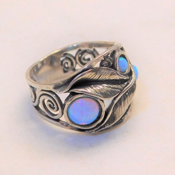 925 Unique Sliver Leaf Scroll Australian Opal Ring - Picture 7 of 10